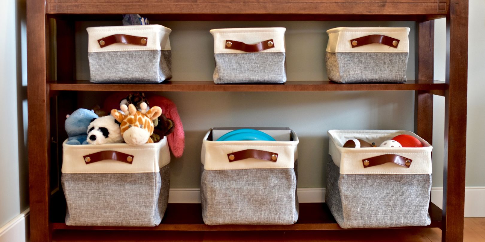 Easy storage solution drawers and basket bins on book shelf